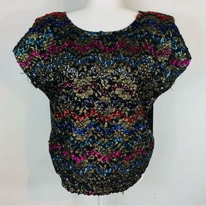 Vintage 70s 80s Caribou Size Large L Sequin Blouse Top Short Sleeve Gold Black